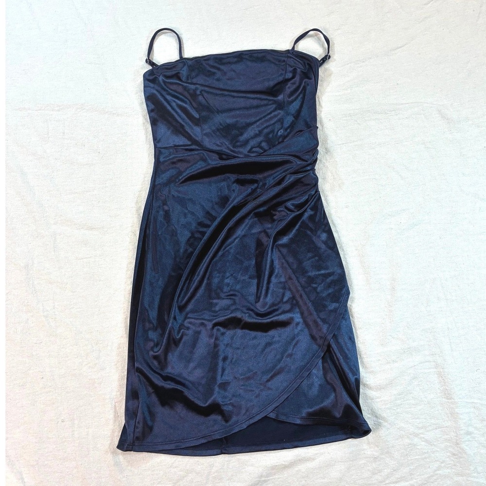 Emerald Sundae Womens Bodycon Mini Dress Size Small Navy Blue Satin Wrap Hem L35